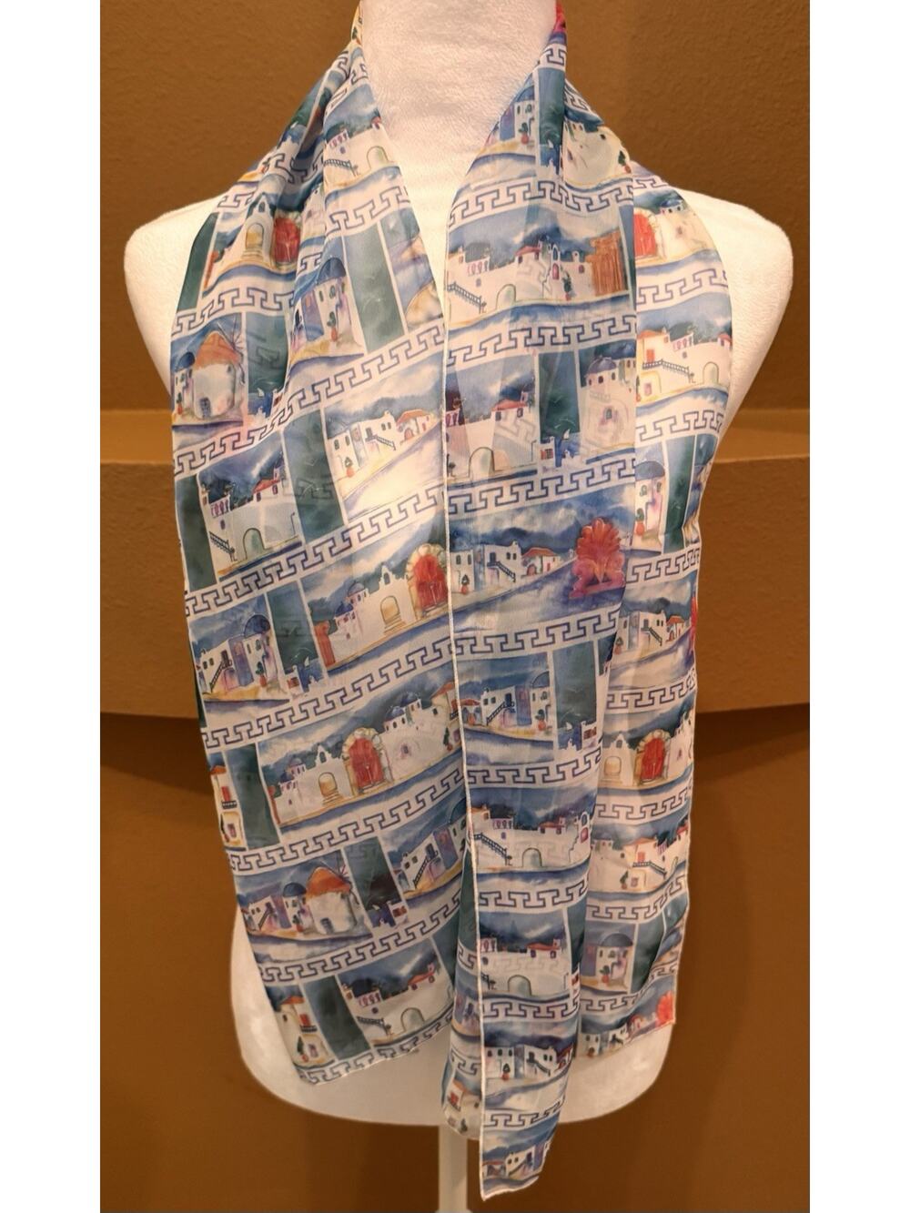 Ifasma Chiffon Scarf Made In Greece with Design of Santorini Rectangle 52”x12”
